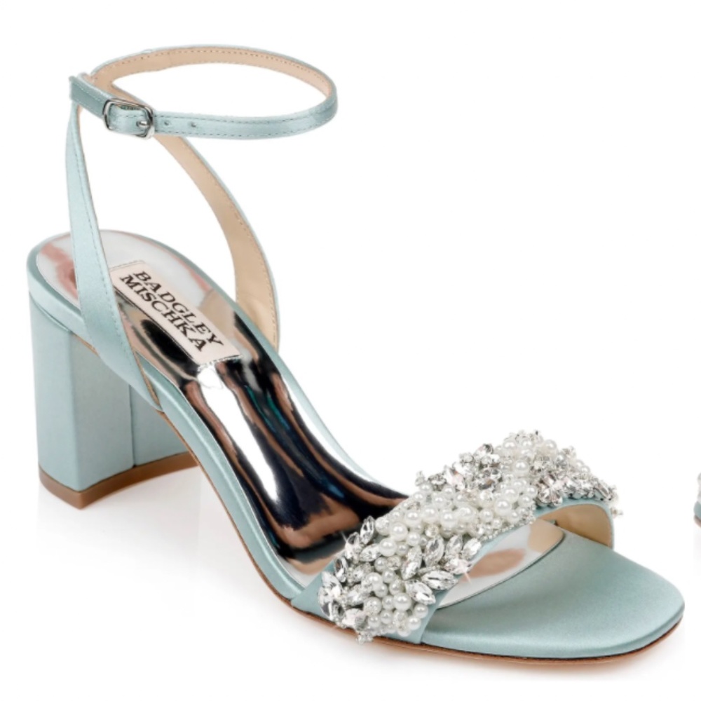 BADGLEY MISCHKA Clara Embellished Blue Block Heel